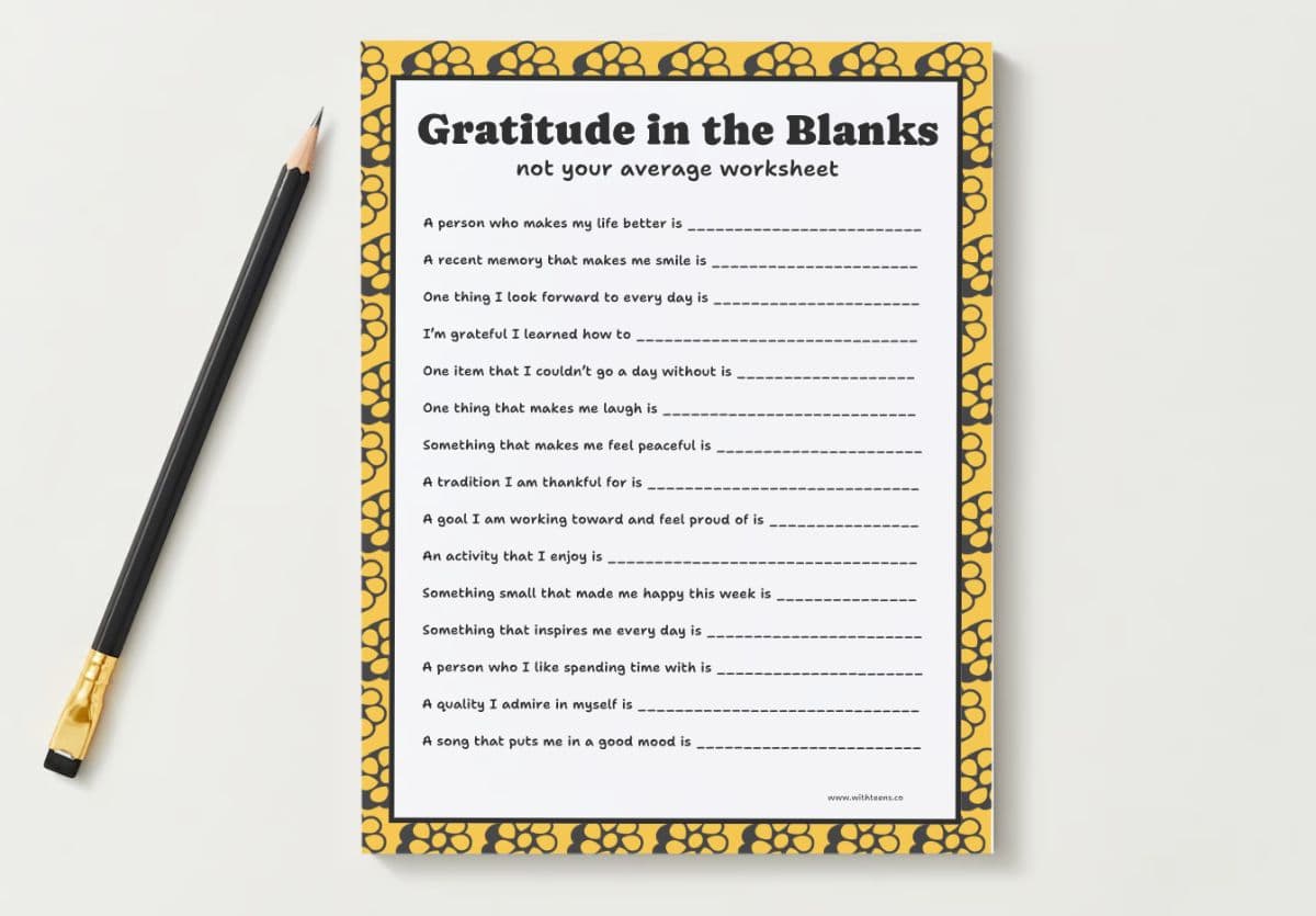 A picture of a black pencil and a gratitude fill-in-the blank activity worksheet for teens