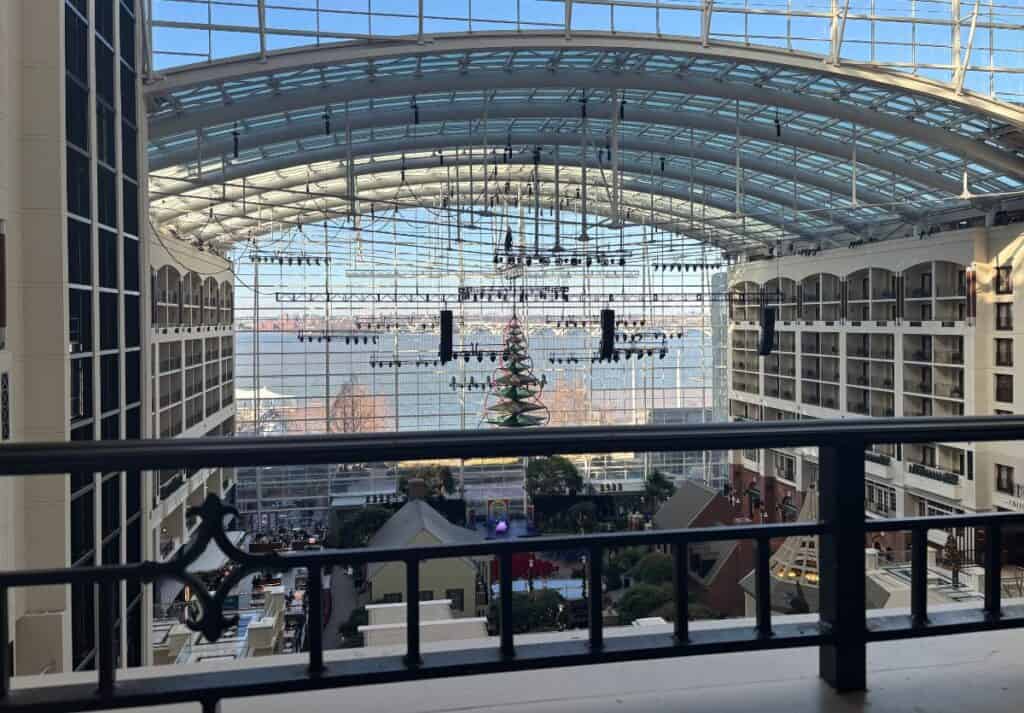 A view of the Gaylord National Harbor's Atrium form a balcony room